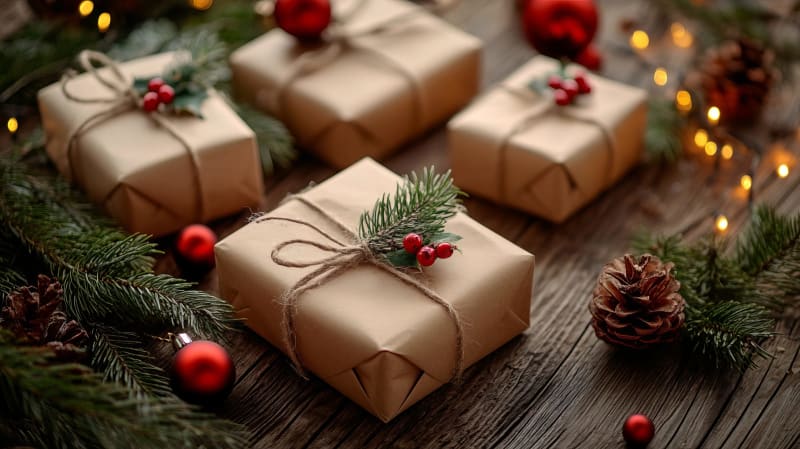 Rustikale Weihnachtsgeschenke, in Papier eingewickelt und mit Tannenzweigen verziert, auf einem Holztisch. Weihnachtsdekoration und Kunsthandwerk, umweltfreundlich, nachhaltiges Konzept. null