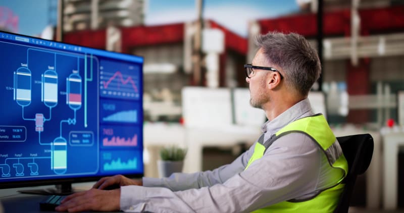 Gasautomatisierung mittels Computer. Ingenieuranalyst überwacht die industrielle Produktion.