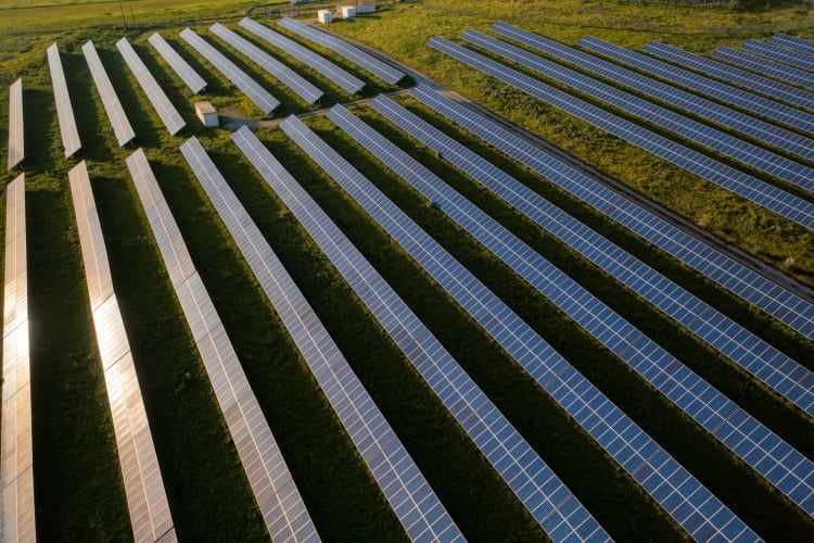 Solarpaneele, die Sonnenlicht nutzen, um erneuerbare Energie für verschiedene Wohnhäuser und Unternehmen zu erzeugen.