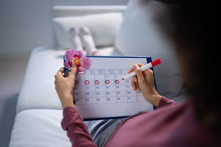 Frau, die einen Periodenkalender verwendet null