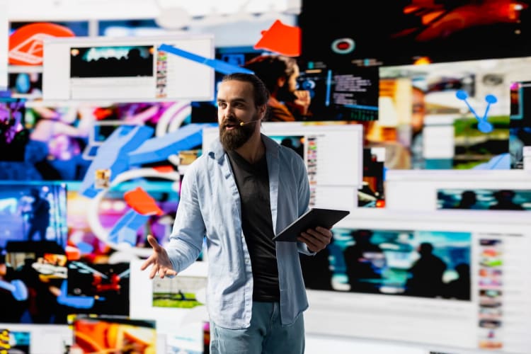 Ein junger Social-Media-Influencer moderiert eine Live-Diskussion vor einem virtuellen Publikum und nutzt dabei visuelle Elemente und User-Experience-Design, um die Sichtbarkeit und Reichweite zu steigern. Aufbau einer Markenstimme in der digitalen Online-Welt.