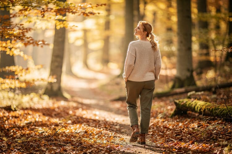 Frau mit rotblondem Pferdeschwanz und hellem Strickpullover spaziert entspannt auf einem Waldweg durch einen sonnigen Herbstwald mit goldenem Buchenlaub KI-generiert