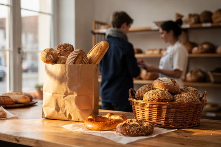 Papiertüte mit Brot, Brötchen und Baguette auf der Theke einer Bäckerei am Abend, daneben Brezeln und ein Korb mit Körnerbrötchen, im Hintergrund ein Kunde und eine Bäckerin Symbolbild, KI-generiert (greenya)