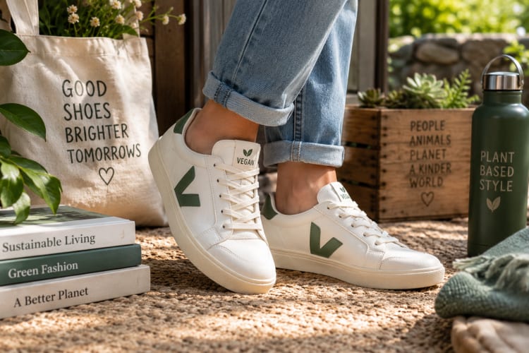 Weiße Sneaker mit veganem Aufdruck am Fuß von jemandem mit einer Jeanshose an. Foto ist KI-generiert