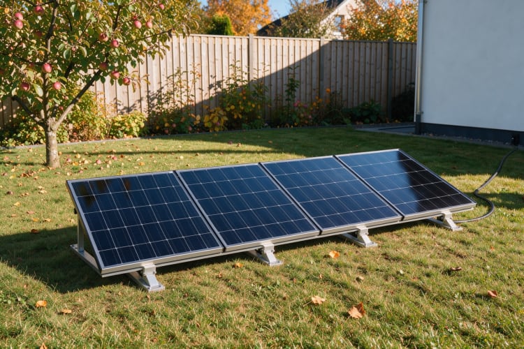 Vier Solarmodule auf einer flachen Aufständerung im herbstlichen Garten neben einem Apfelbaum KI-generiert