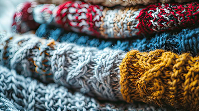 Ein Stapel bunter Strickschals in verschiedenen Farbtönen
