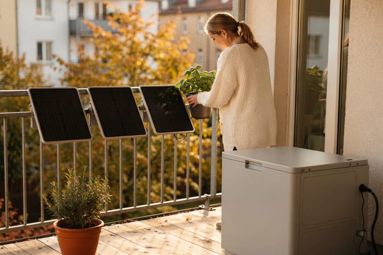 Frau gießt Kräuter auf einem sonnigen Balkon mit Solarmodulen am Geländer und einem grauen Batteriespeicher neben der Tür KI-generiert