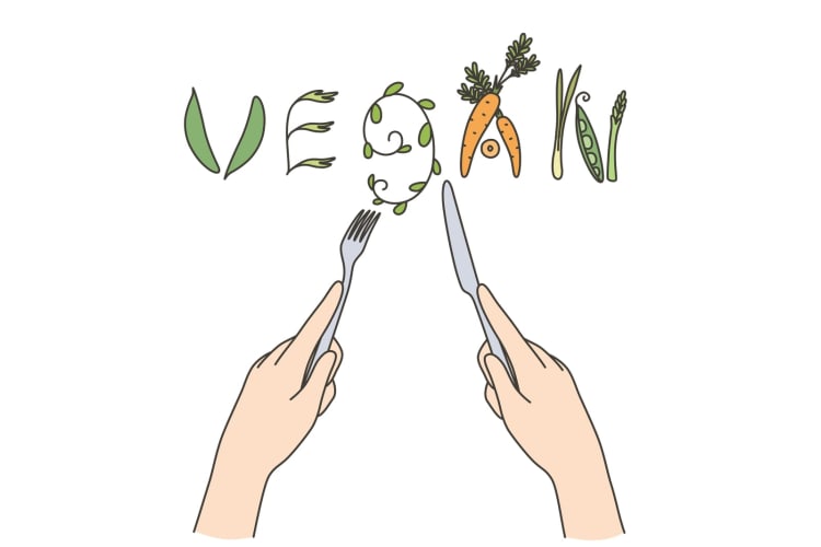 Veganes Essen und Diätkonzept. Menschliche Hände formen das Wort aus Besteck und rohen natürlichen vegetarischen Zutaten für eine gesunde Ernährung – Vektorgrafik. null