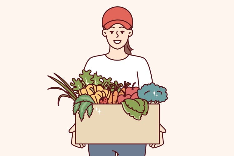Eine Landwirtin hält eine Kiste mit Obst und Gemüse in der Hand und bietet an, Bio-Lebensmittel zu einem Schnäppchenpreis zu kaufen. Eine junge Kurierin liefert Öko-Gemüse, das ohne den Einsatz von Pestiziden und Düngemitteln angebaut wurde.