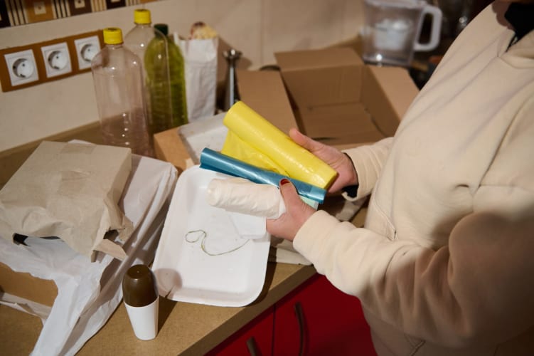 Recyclingaktivitäten zu Hause, bei denen Materialien wie Papier, Plastik und biologisch abbaubare Gegenstände für eine sachgemäße und nachhaltige Entsorgung vorbereitet werden.