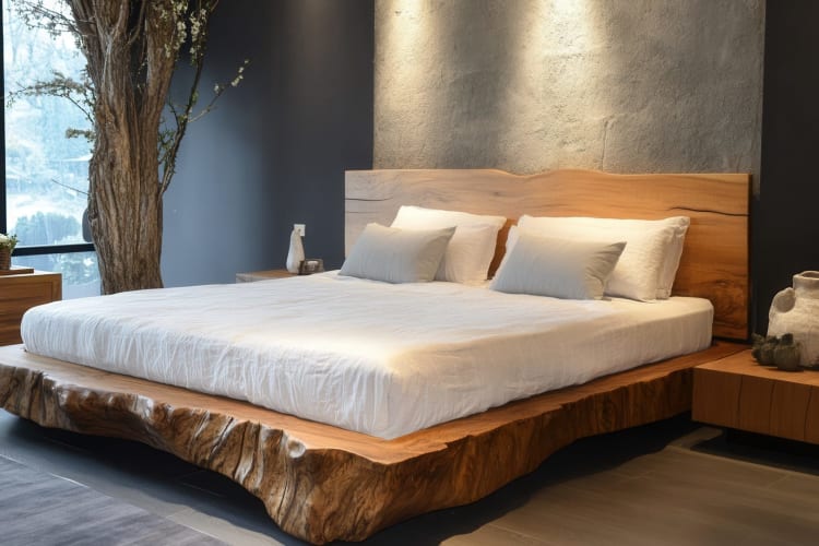 Großes, komfortables Doppelbett mit Holzrahmen und Kopfteil in einem modernen Schlafzimmer