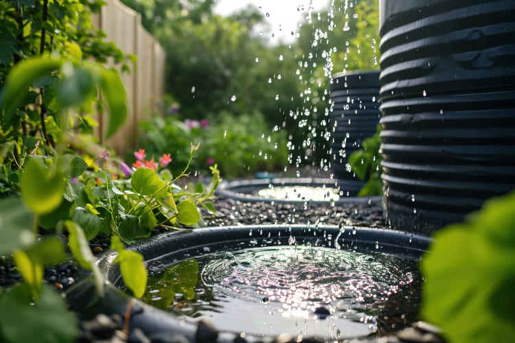 Regenwasser wird im Garten gesammelt null