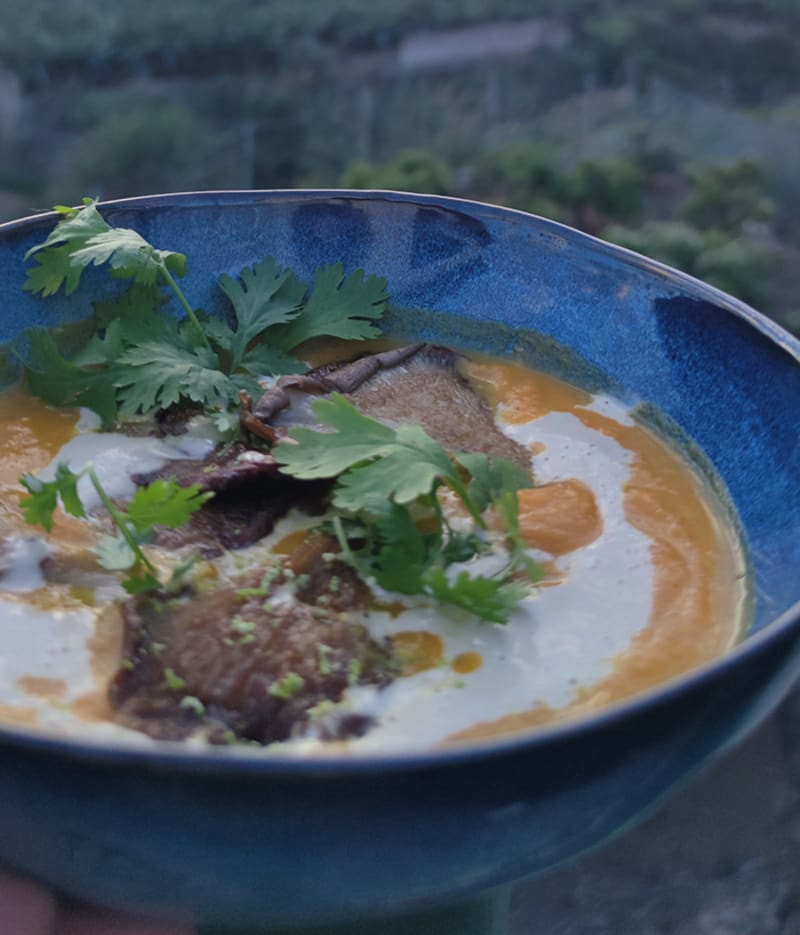Kürbissuppe mit Cashewsahne und Austernpilzen