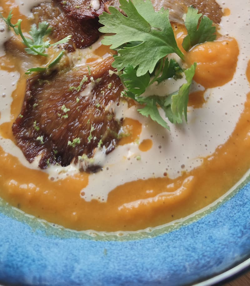Kürbissuppe mit Cashewsahne und Austernpilzen