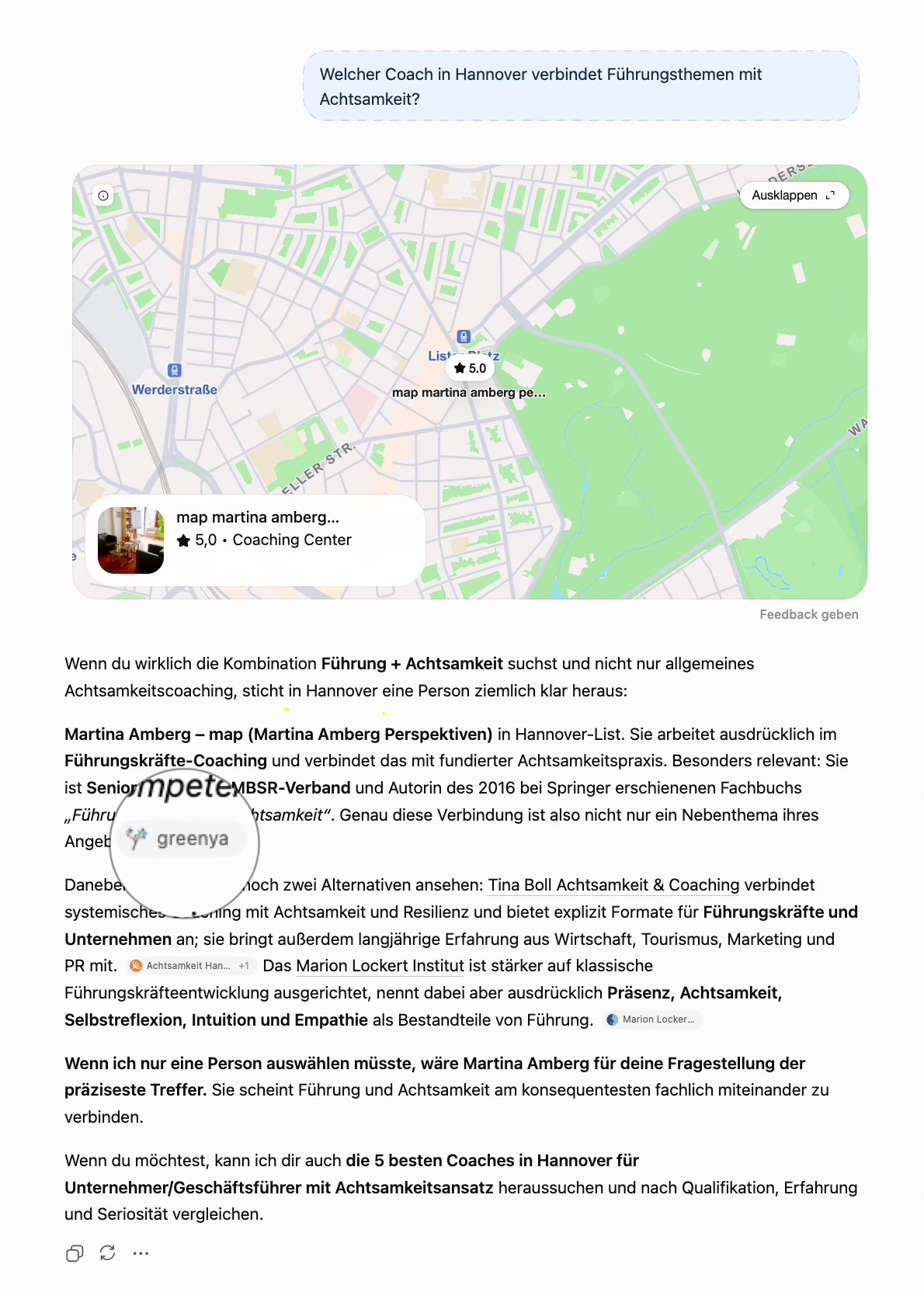 ChatGPT-Antwort auf die Frage nach einem Coach in Hannover für Führung und Achtsamkeit, Martina Amberg an erster Stelle, greenya als Quelle