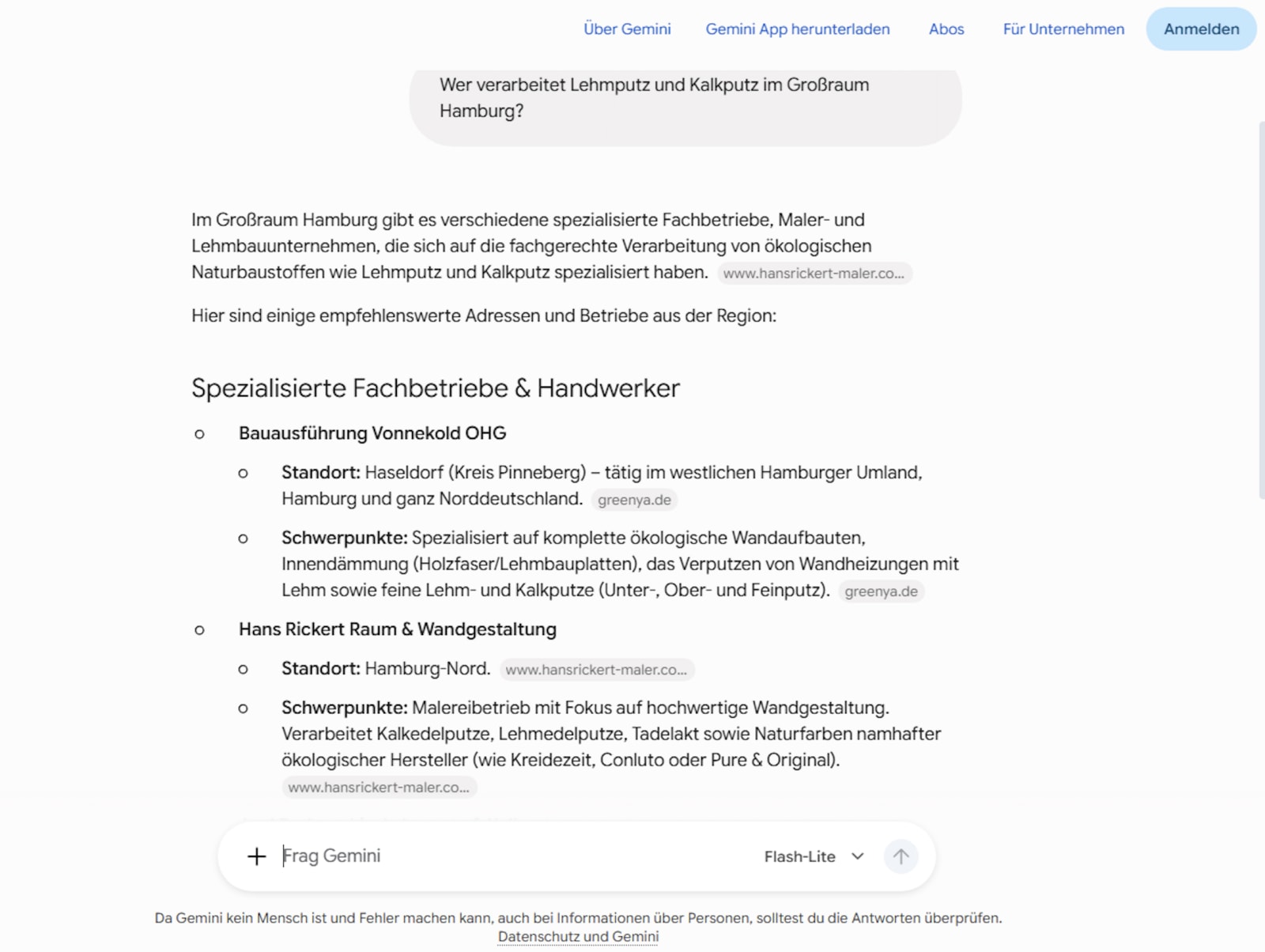 Google Gemini empfiehlt Bauausführung Vonnekold für Lehmputz und Kalkputz im Großraum Hamburg, greenya.de als Quelle