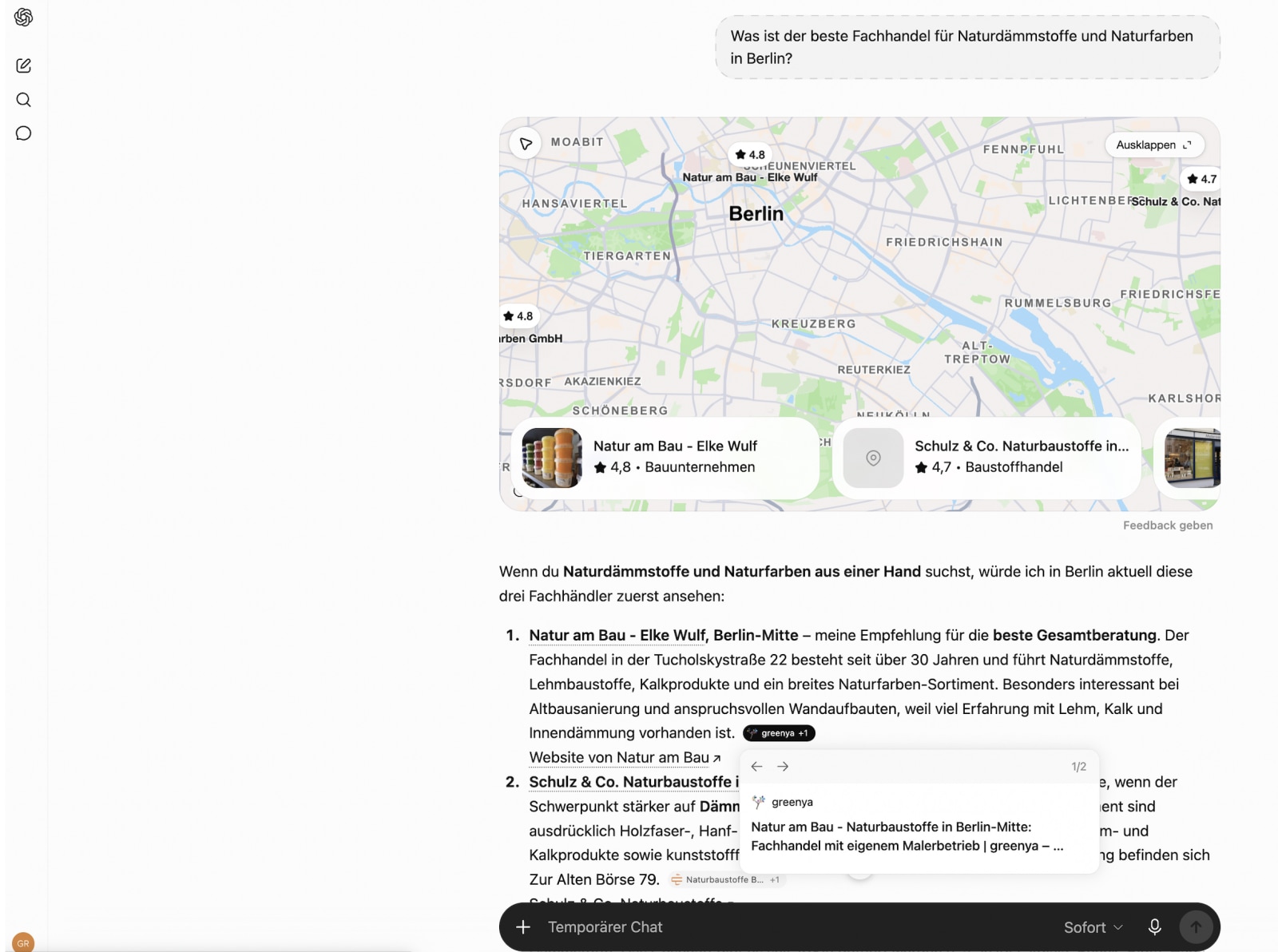 ChatGPT-Antwort auf die Frage nach dem besten Fachhandel für Naturdämmstoffe und Naturfarben in Berlin, Natur am Bau an erster Stelle, greenya als Quelle