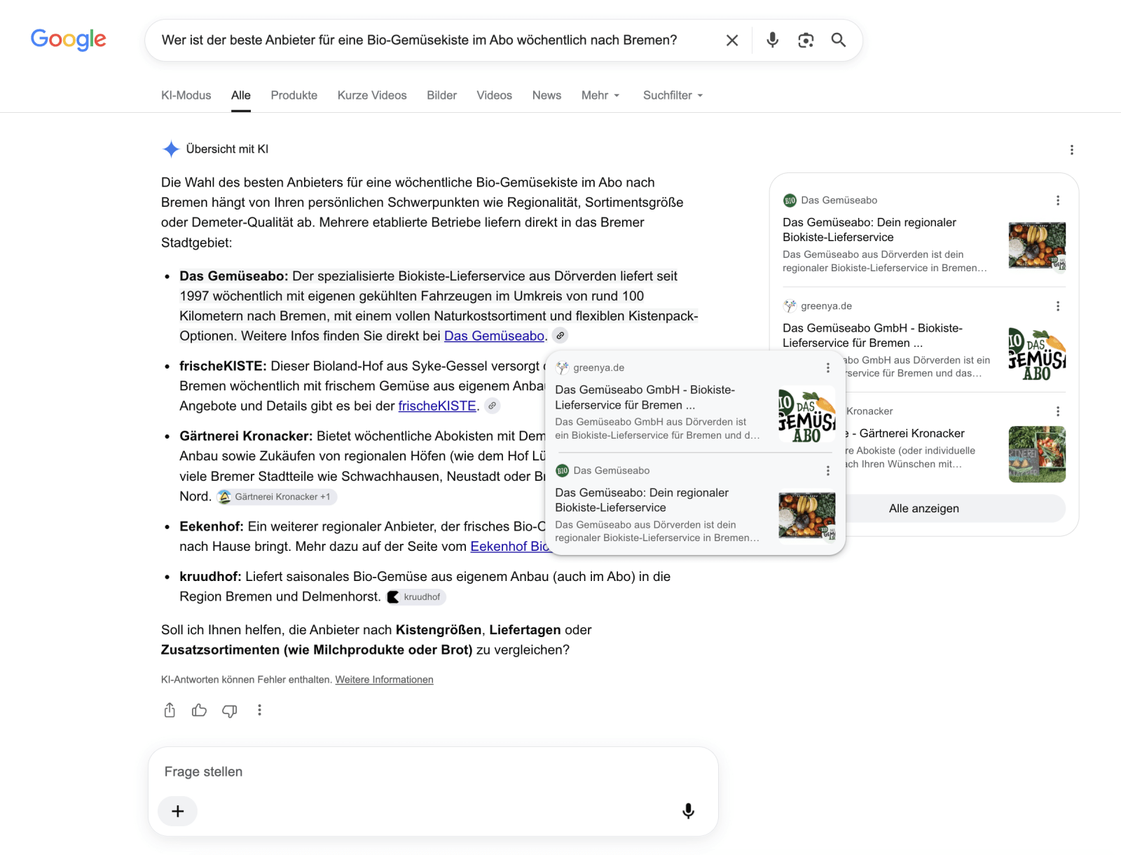 Google KI-Antwort zur wöchentlichen Bio-Gemüsekiste nach Bremen, Das Gemüseabo an erster Stelle, greenya.de als Quelle
