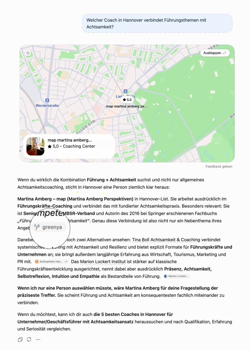 ChatGPT-Antwort auf die Frage nach einem Coach in Hannover für Führung und Achtsamkeit, Martina Amberg an erster Stelle, greenya als Quelle