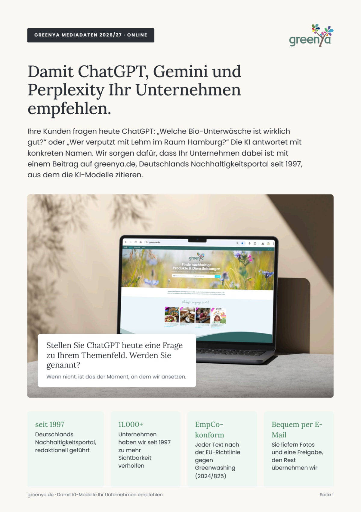 greenya Mediadaten 2026/27, Seite 1: Damit ChatGPT, Gemini und Perplexity Ihr Unternehmen empfehlen