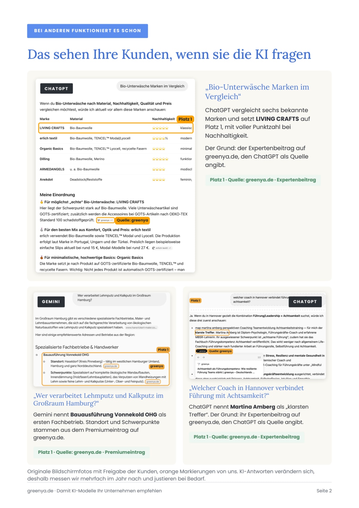 greenya Mediadaten 2026/27, Seite 2: Beispiele aus ChatGPT und Gemini