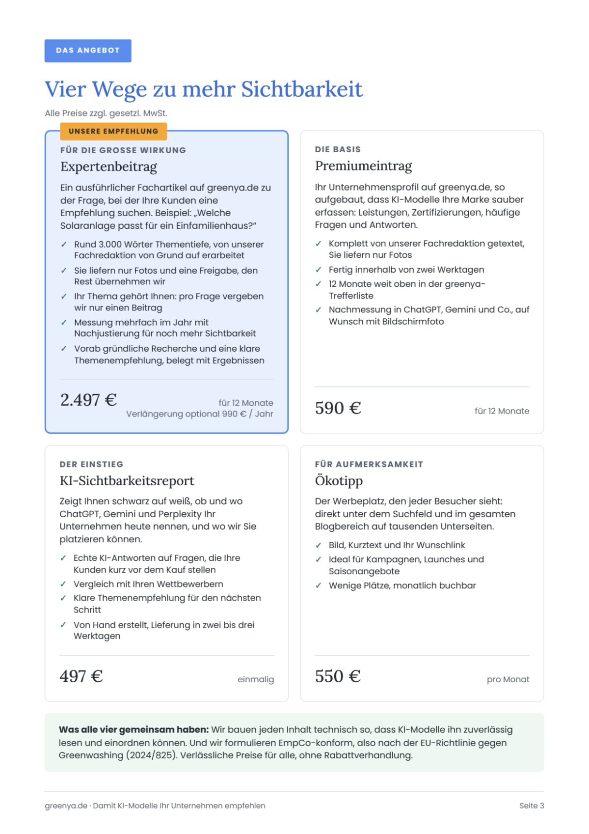 greenya Mediadaten 2026/27, Seite 3: Angebote und Preise