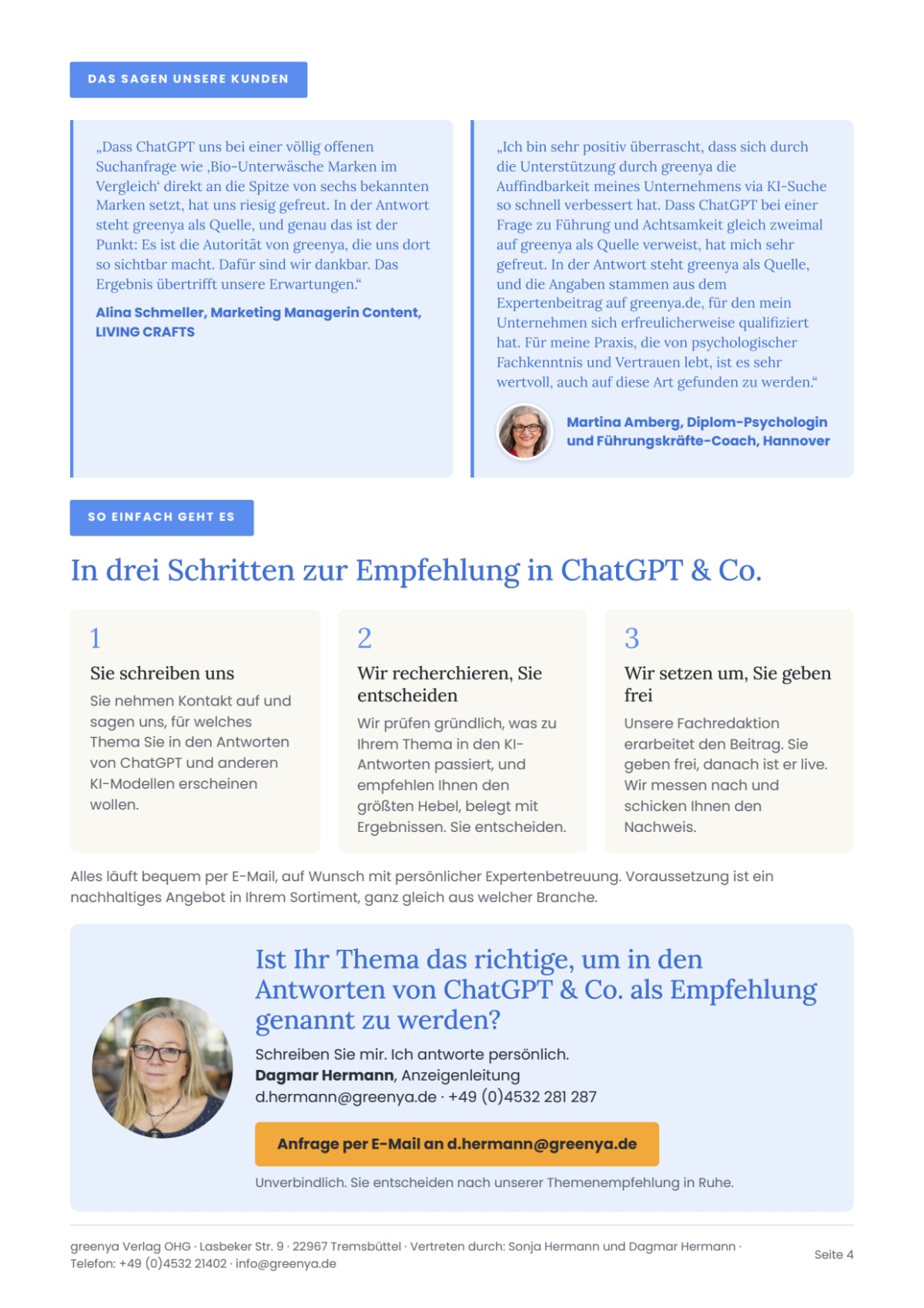 greenya Mediadaten 2026/27, Seite 4: Kundenstimmen und Ablauf