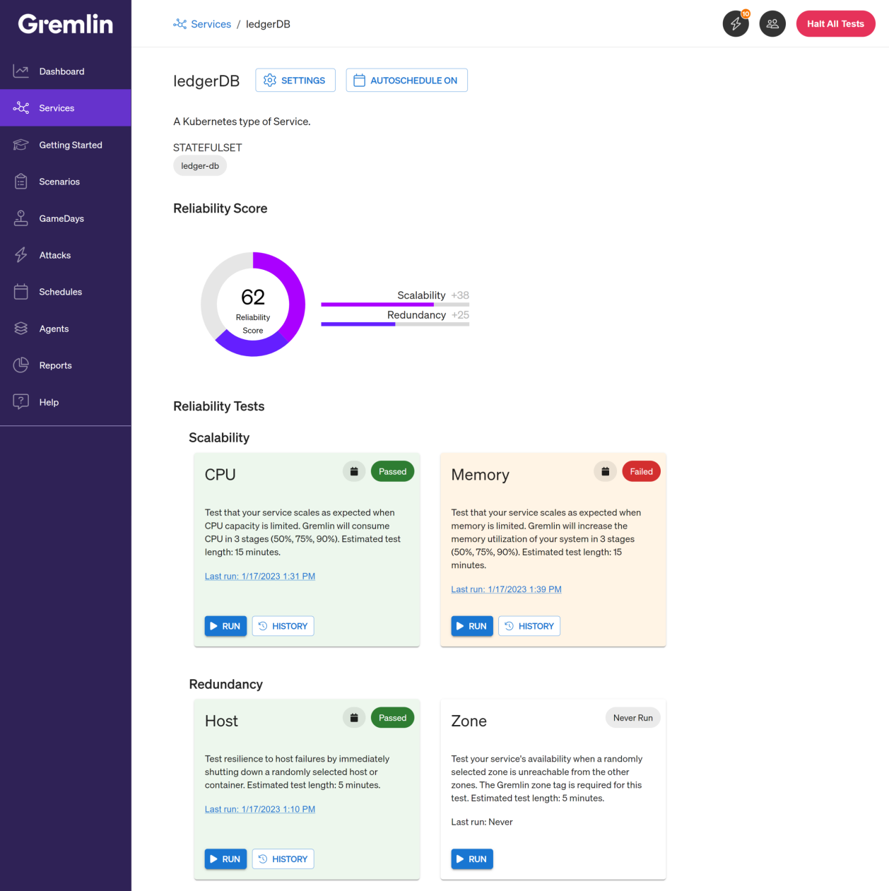 A screenshot of Gremlin Reliability Management showing a service with a score of 62 and a failed Memory test.