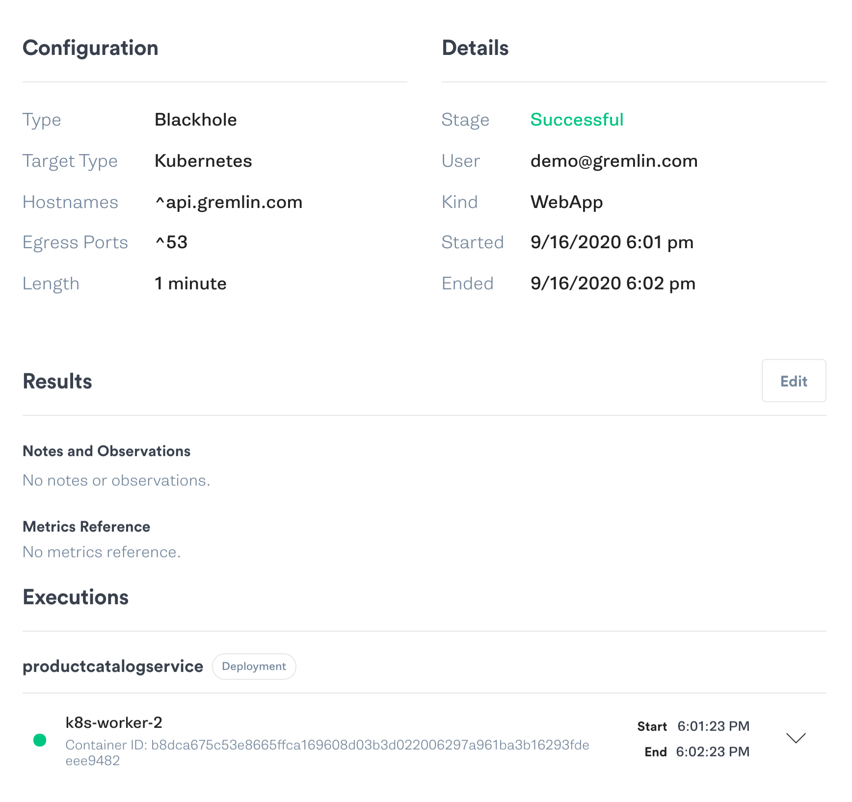 A completed blackhole attack shown in the Gremlin web app