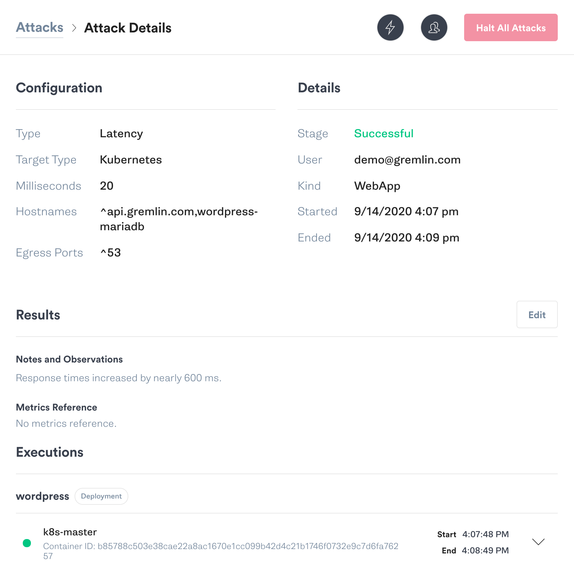 A completed latency attack shown in the Gremlin web app