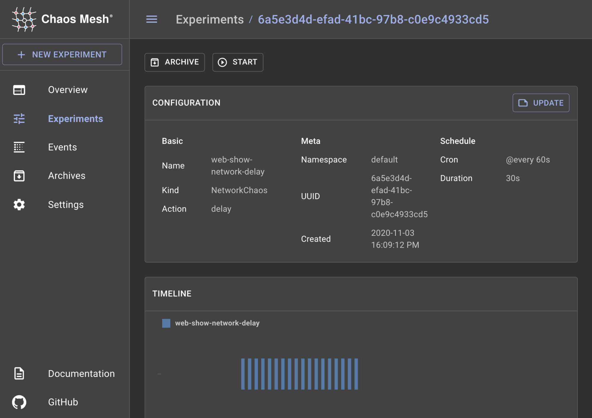 Chaos Mesh dashboard showing an experiment configured to run every 60 seconds.