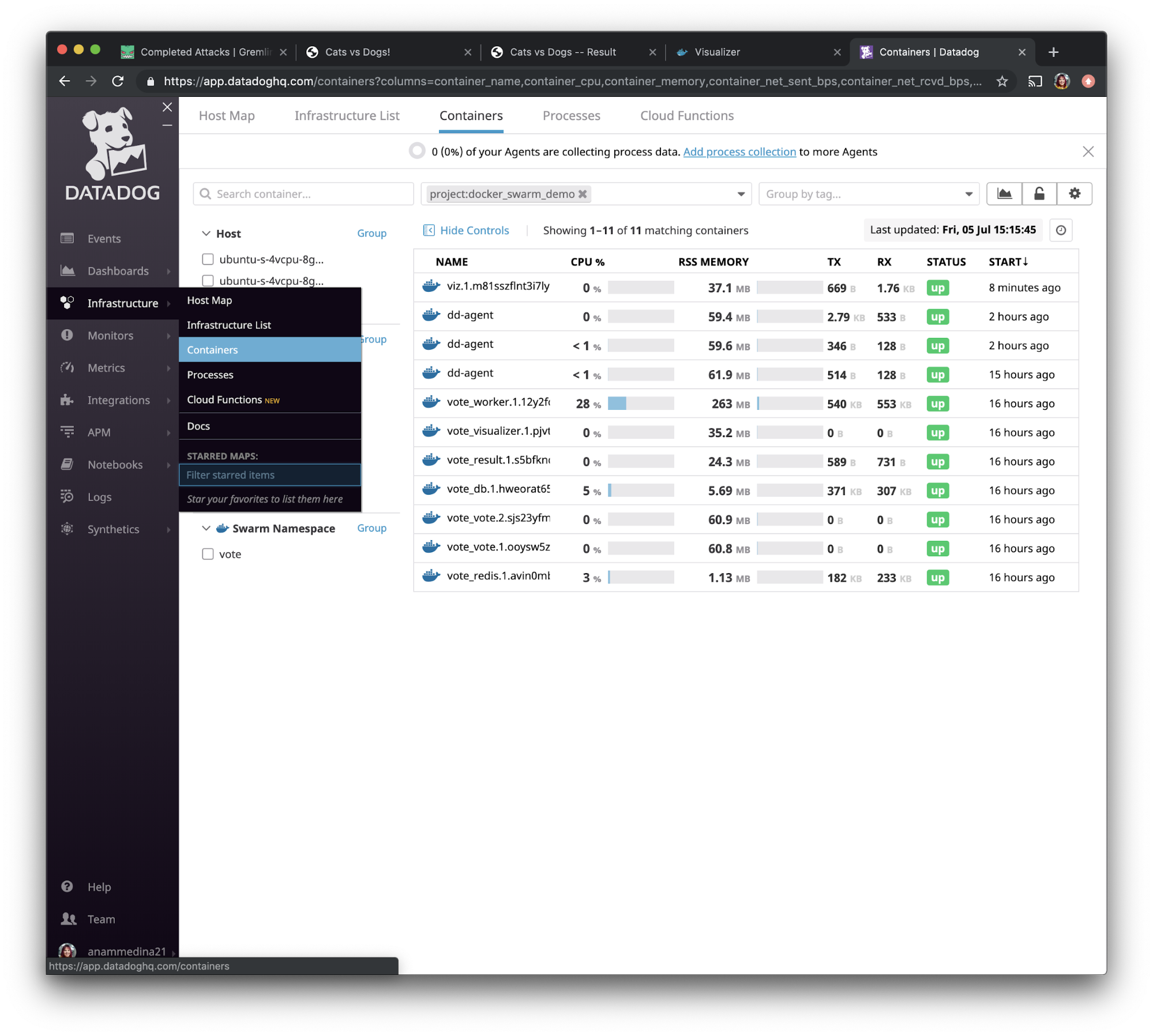 Accessing the container list in Datadog.