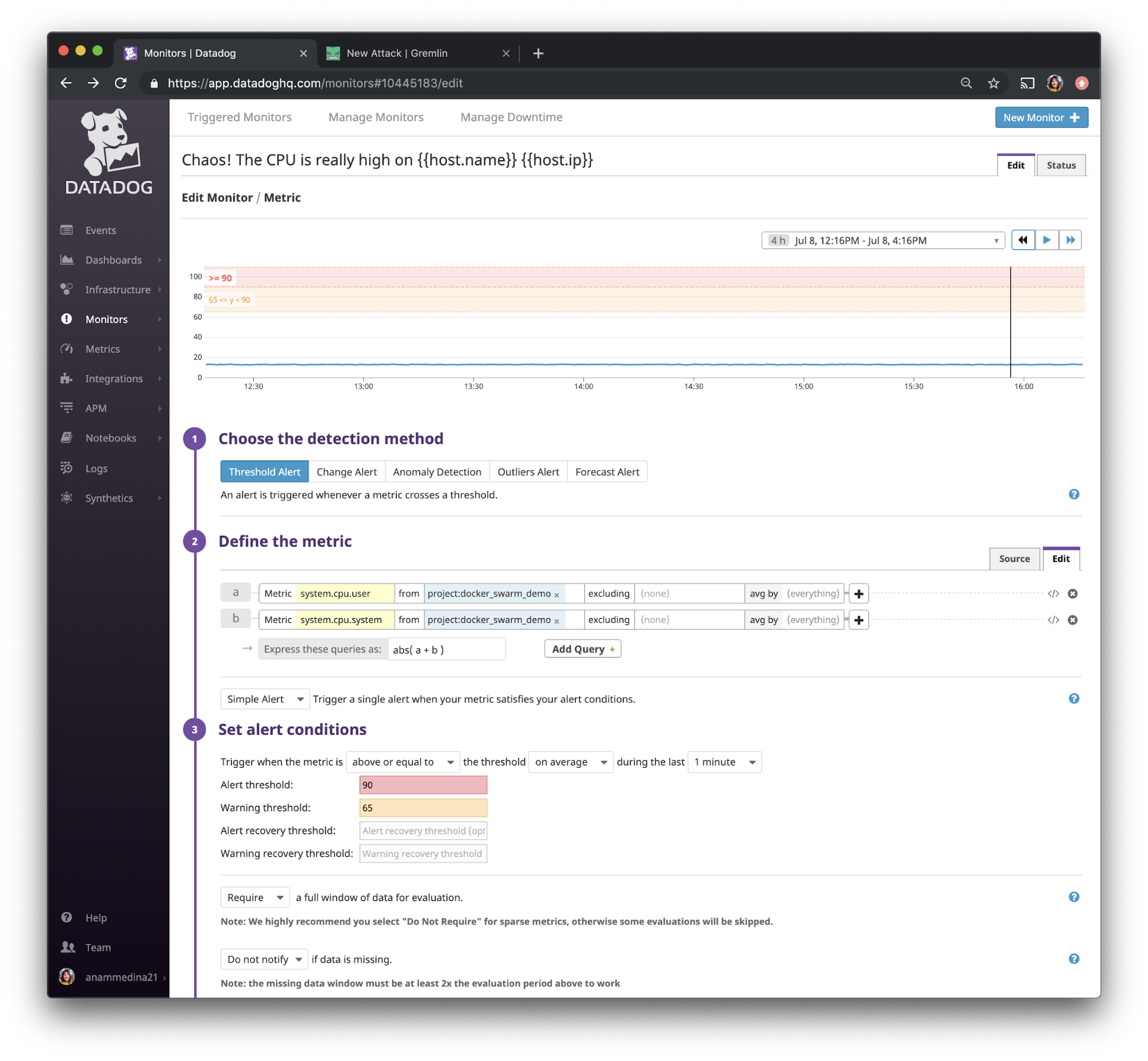 Configuring a CPU Monitor in Datadog.