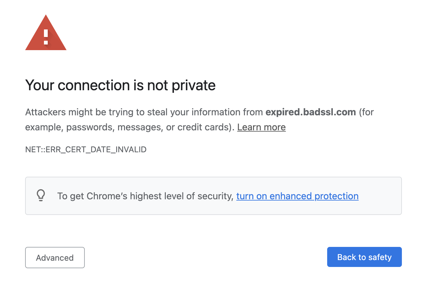 Chrome invalid certificate warning