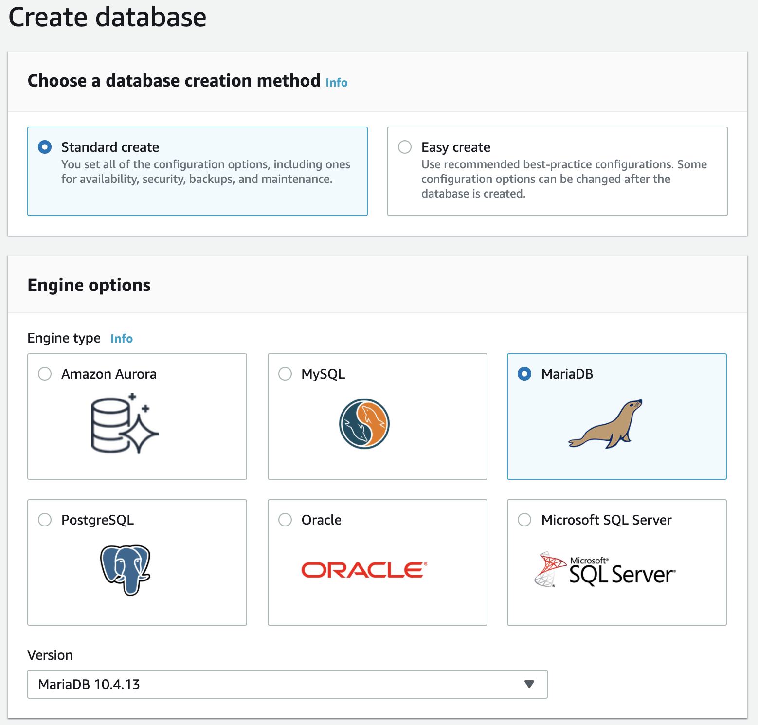 Creating a new database instance in Amazon RDS