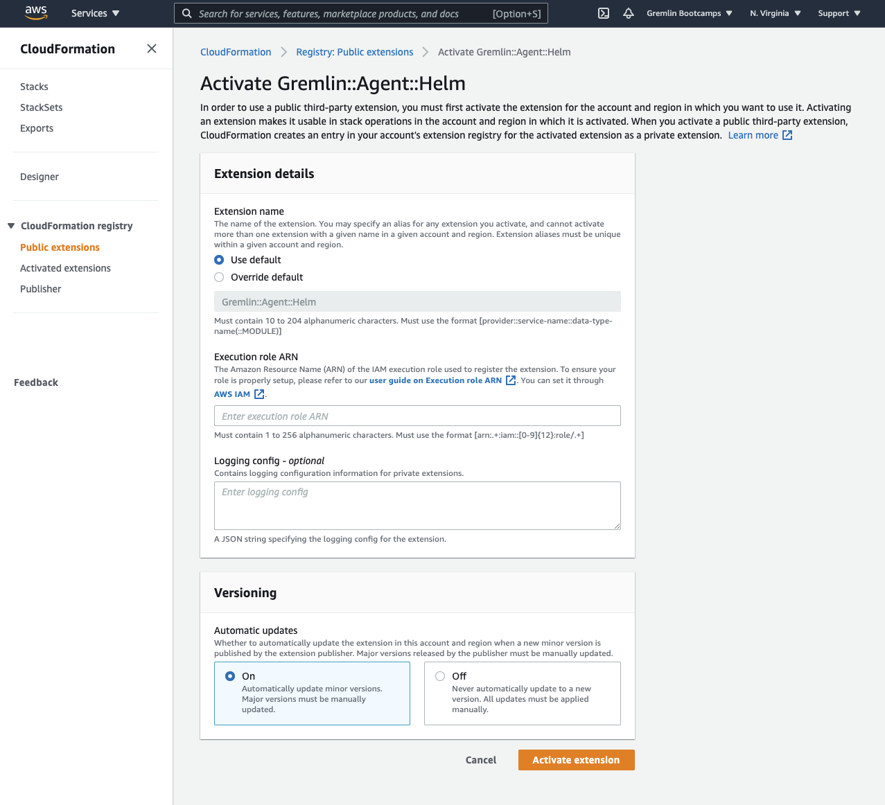 Activating the Gremlin extension in CloudFormation