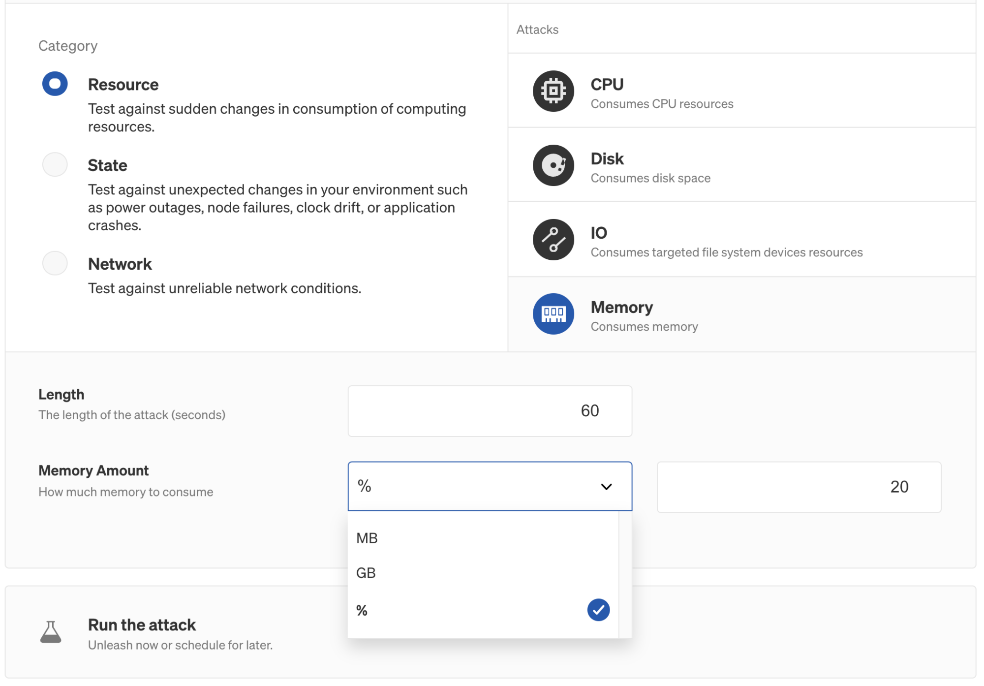 Configuring a memory attack in the Gremlin web app