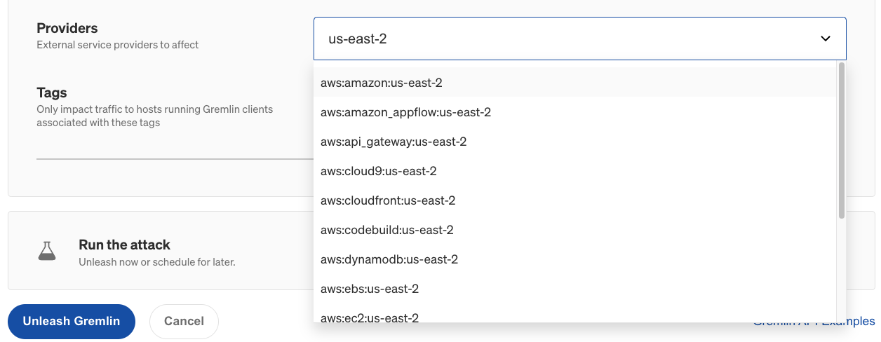 Impacting traffic to the Amazon us-east-2 region using the Gremlin web app.