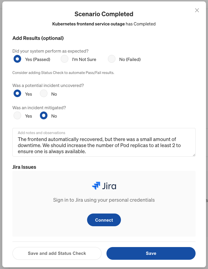 Scenario results screen