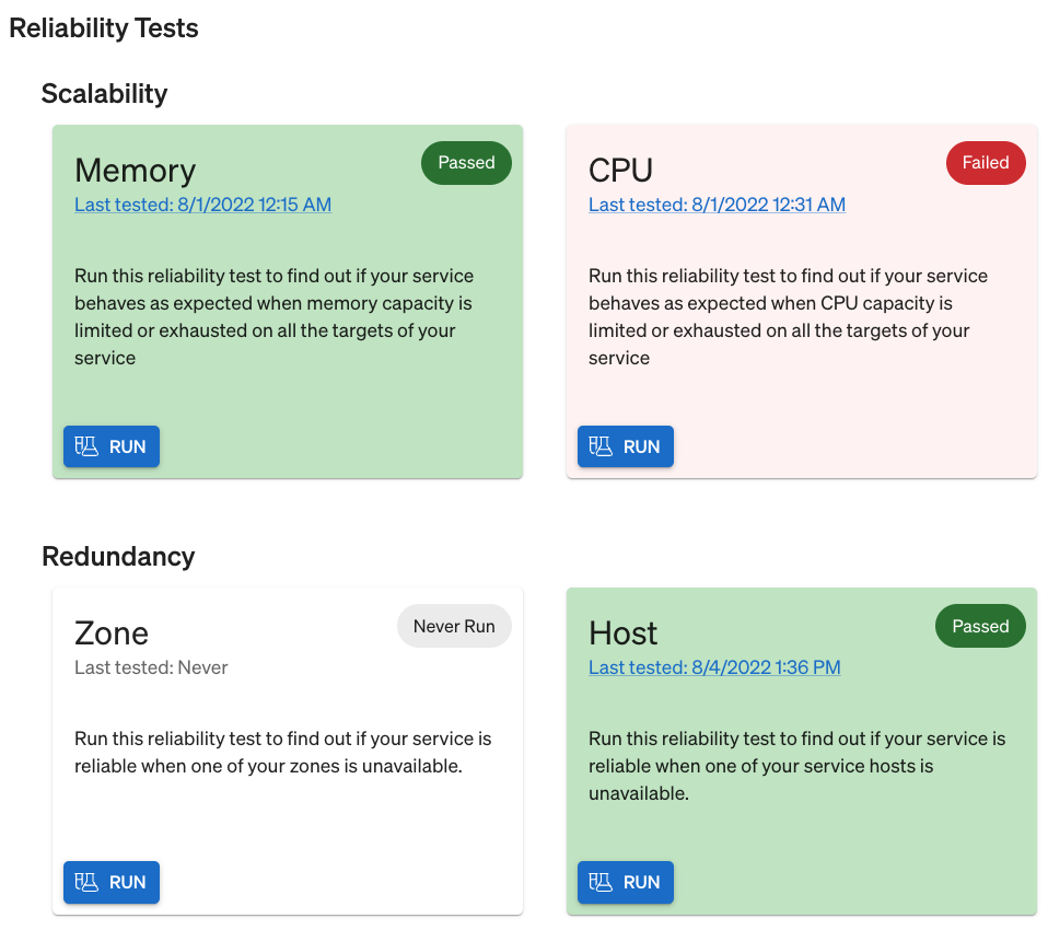 Viewing the Scalability and Redundancy reliability test categories in the Gremlin web app.