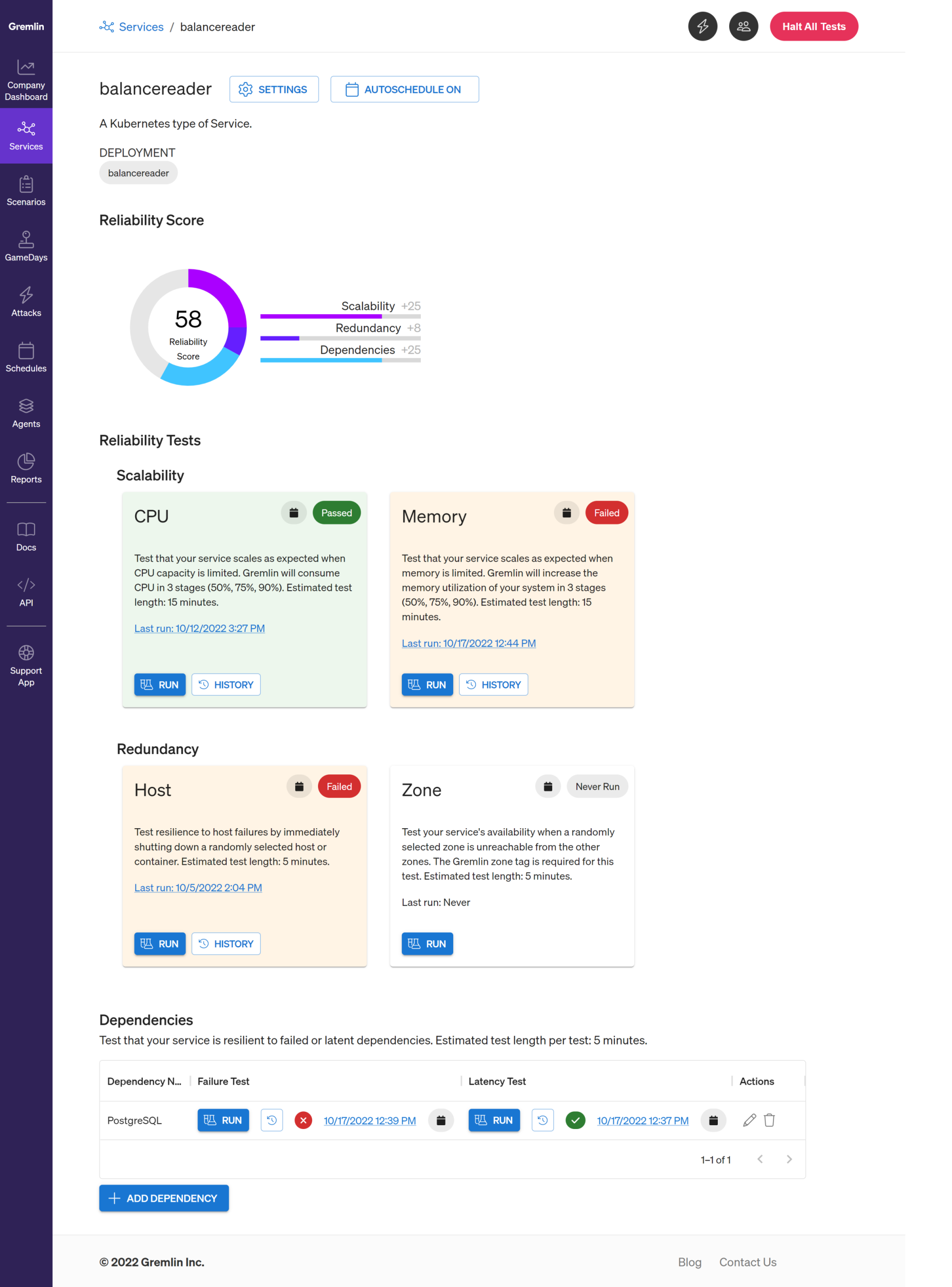 An example of a service with several completed reliability tests shown in Gremlin.