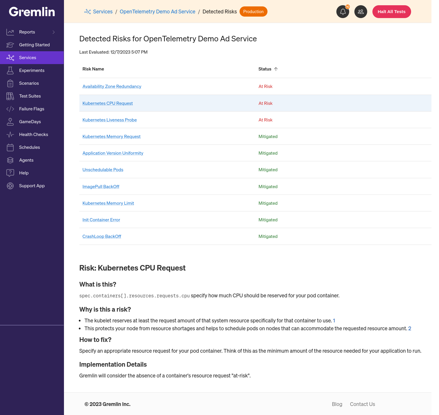 A demo showing Gremlin's Detected Risks feature