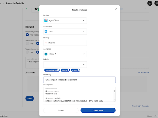 Creating Jira issue from Scenario Runs page