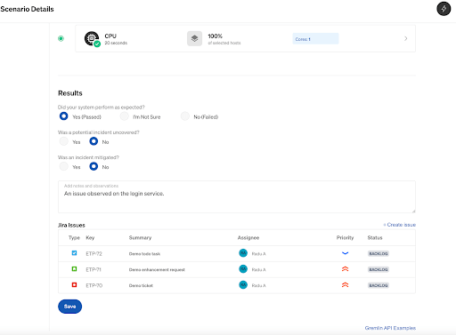 Jira Issues section on Scenario Run page