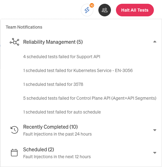 Expanded view of Reliability Management notifications menu