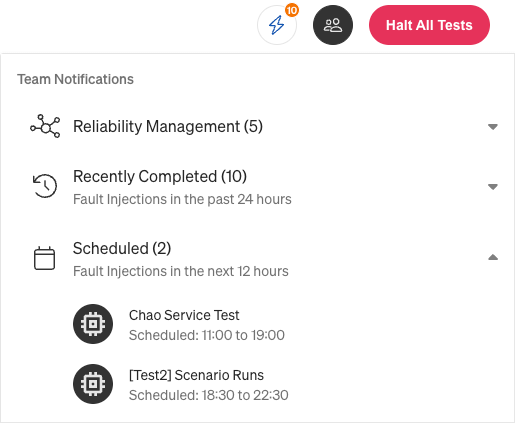 Expanded view of Fault Injection notifications menu with scheduled items