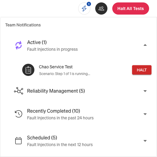 Expanded view of Fault Injection notifications menu with active item