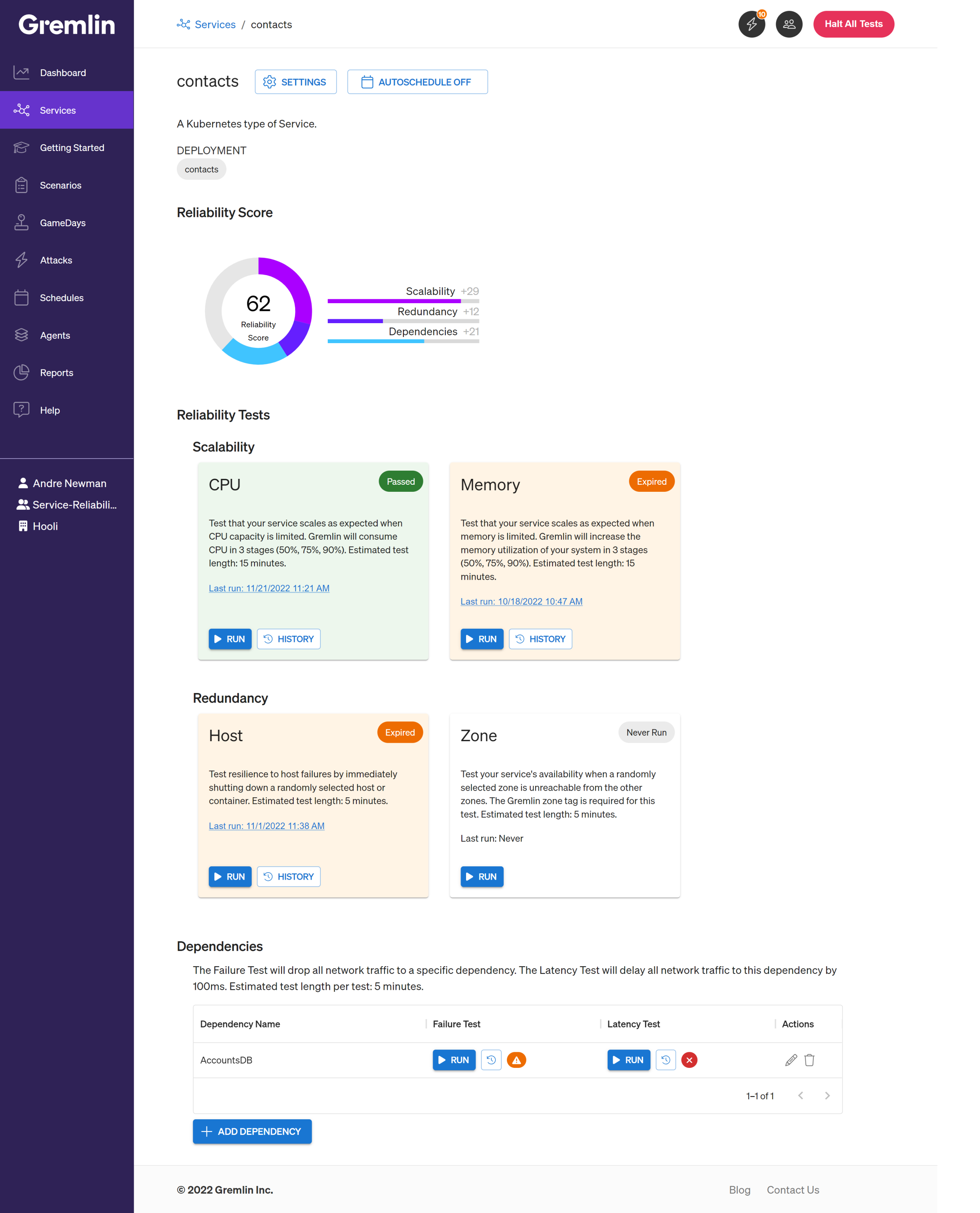 A web page showing the details of an almost fully tested service