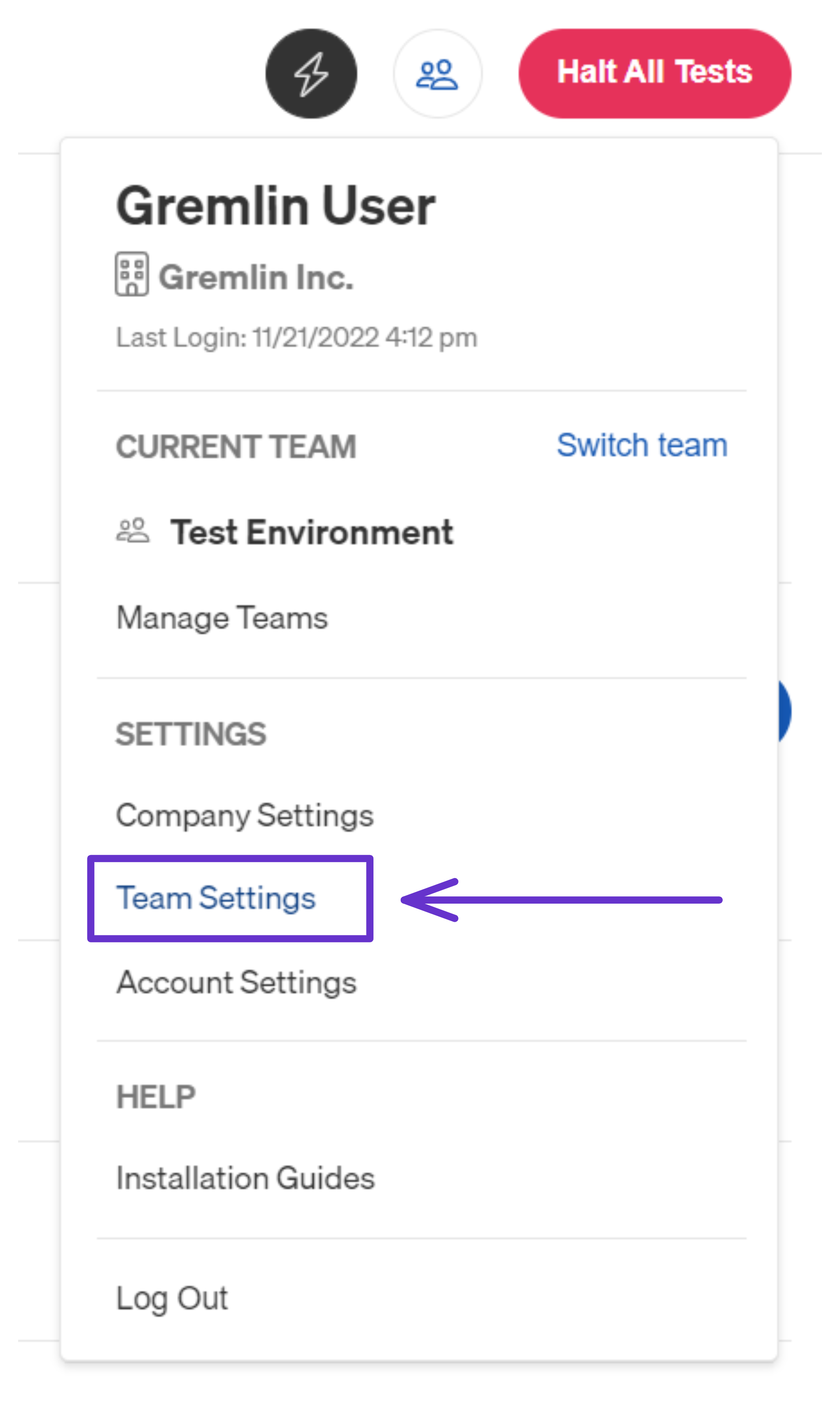 Accessing your team settings in the Gremlin web app