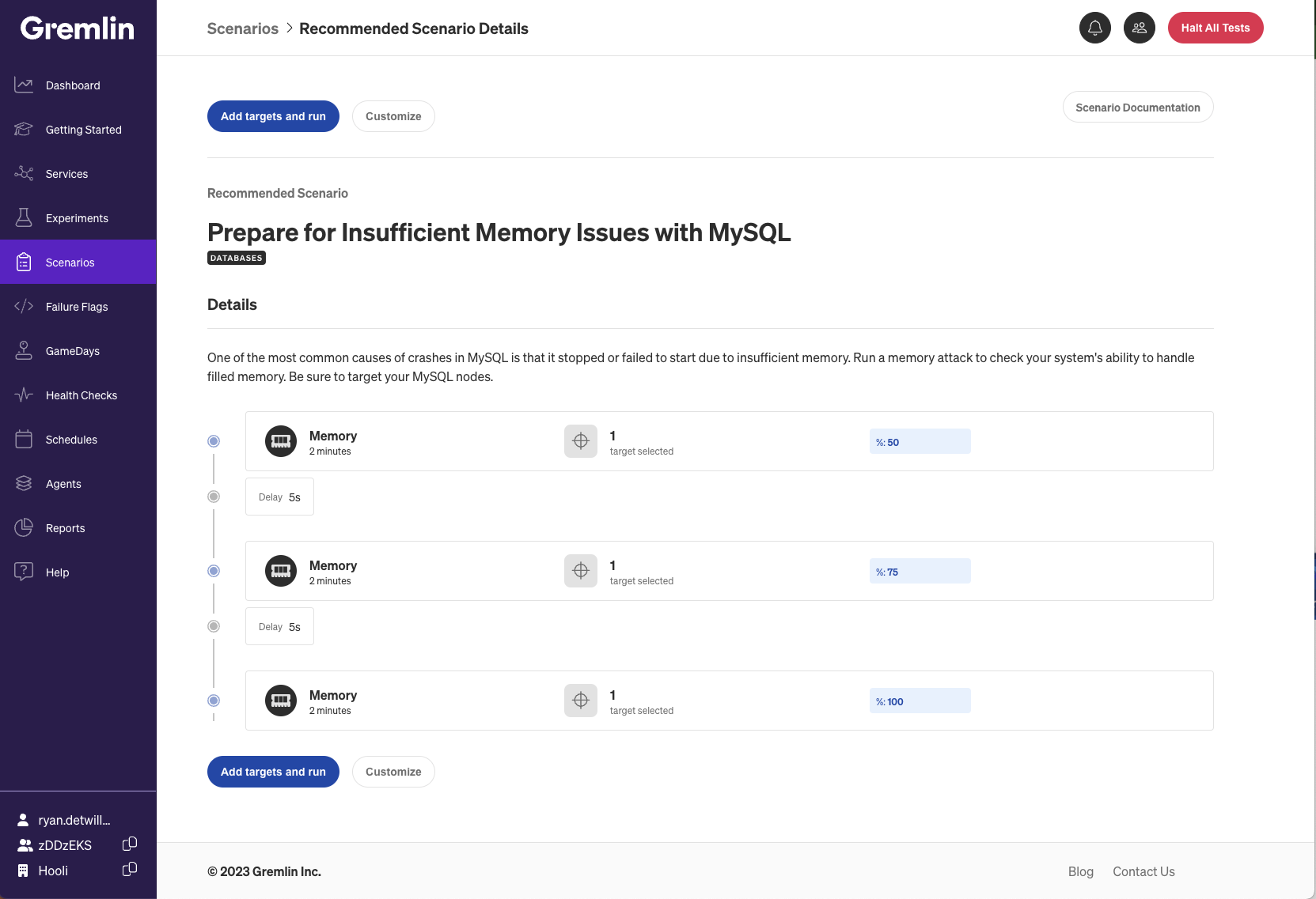 A screenshot of the Gremlin web UI showing a scenario with multiple memory experiments queued to run.